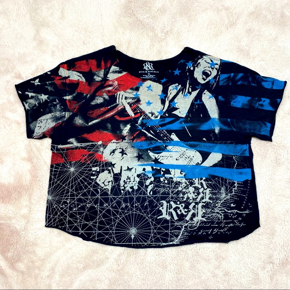 Rock & Republic Graphic Tee XL Patriotic American Flag Rock N Roll Boxy Black